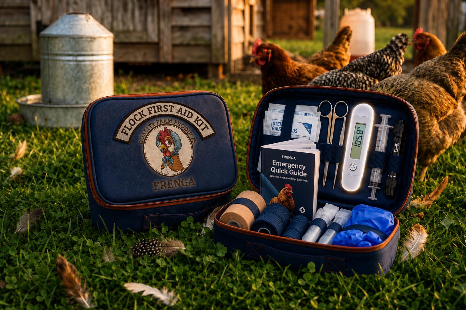 Frenga Flock First Aid Kit open in a field with hens nearby