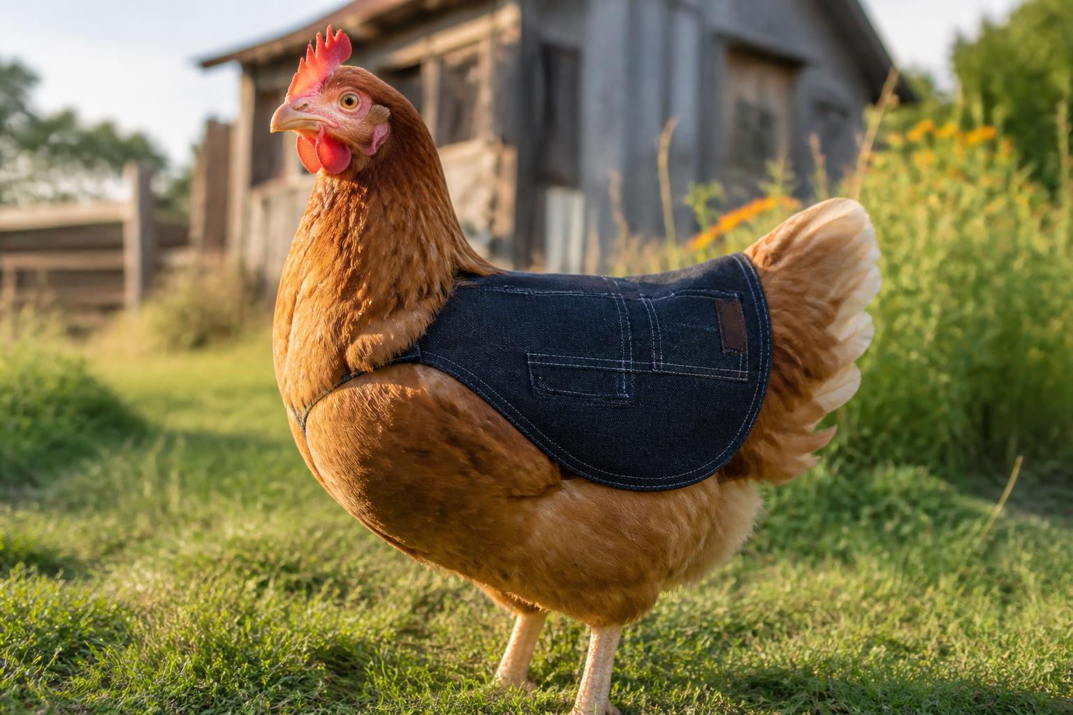 A brown hen wearing the Denim Workwear Saddle in a sunny farm field
